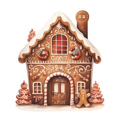 Christmas gingerbread house. Watercolor illustration isolated on white background.