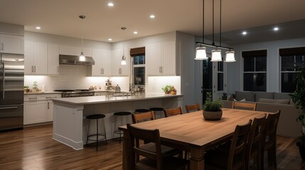 Looking from the dining room to the kitchen with white cabinets and stainless steel appliances. Lights hanging above the dining room and kitchen counter island