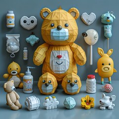 Vibrant 3D Medical Pediatric Symbols in Playful Low Poly Style with Teddy Bear Lollipop and Baby
