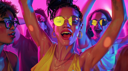 A woman in a yellow shirt is dancing with her friends