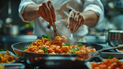 Chef preparing food, meal, in the kitchen, chef cooking in kitchen, Chef decorating dish, closeup