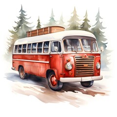 Vintage bus on the road. Watercolor illustration isolated on white background
