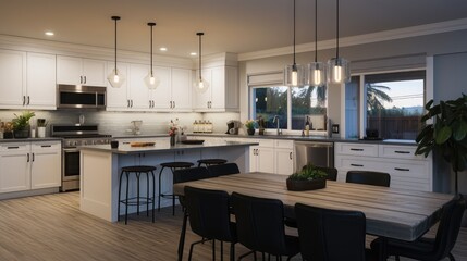 Looking from the dining room to the kitchen with white cabinets and stainless steel appliances. Lights hanging above the dining room and kitchen counter island
