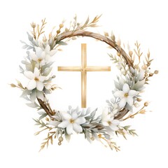 Watercolor christian cross wreath with white flowers and branches.