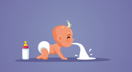 Little Baby Suffering from Lactose Intolerance Vector Cartoon illustration. Child regurgitating its meal after overfeeding session 
