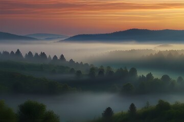 beautiful nature scene in the morning. foggy landscape in sunrise moment. foggy sunrise. seamless looping overlay 4k virtual video animation background Generative AI