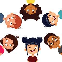 Cheerful Group of Kids Smiling Together Feeling Content Vector Cartoon Design. Diverse friends playing a game all together celebrating friendship

