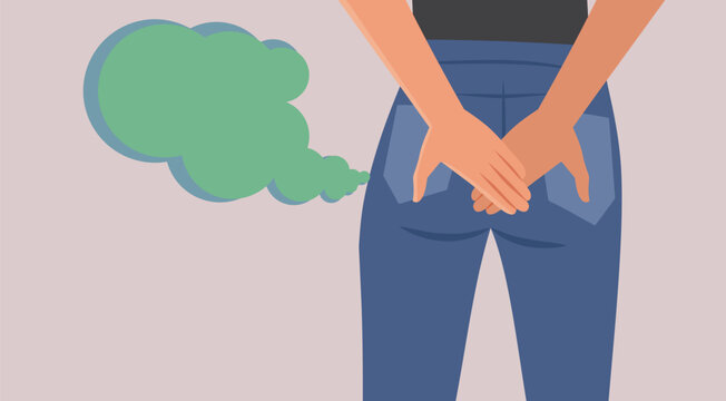Woman Covering her Pants Feeling Gassy Vector Cartoon illustration. Embarrassed girl passing gas feeling in pain with diarrhea symptoms 
