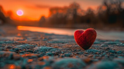 Fototapeta premium Red heart close up on rocky shore