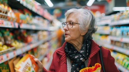 An older woman walking through a grocery store carefully selecting a variety of wholesome foods and...