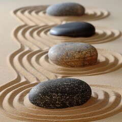 Fototapeta na wymiar Calm Zen garden, smooth stones and raked sand for a peaceful meditation