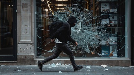 A figure wearing dark clothing and a mask sprinting away from a broken shop window