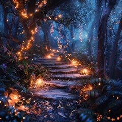 Enchanted forest path, magical lights and mystical creatures hidden within