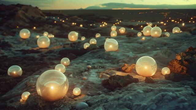Glowing pearlescent orbs lay scattered across a rugged, windswept terrain. The luminous spheres infuse the landscape with an air of mystery, blurring the lines between reality and the surreal. 