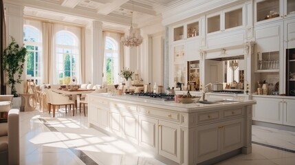 Fototapeta premium Luxurious And Bright Kitchen Interior With Elegant Furniture Inside Of Spacious Residential Mansion. Modern Concept For Interior Design And Architecture