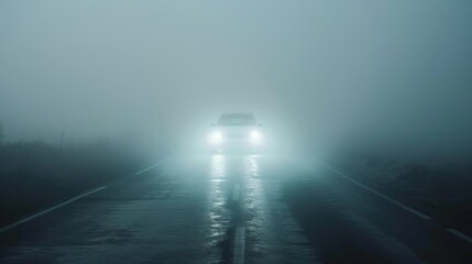 Fototapeta premium A foggy road with a phantom car appearing out of nowhere, its headlights piercing the mist