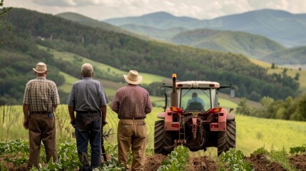 A group of older farmers backs turned to the camera gather around a tractor as they make plans for the days work. The rolling . . - obrazy, fototapety, plakaty
