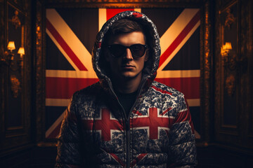 Portrait of a young man in a hoodie and sunglasses on the background of the British flag.