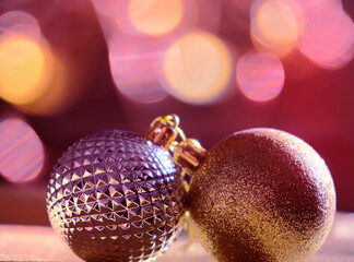 Christmas composition. Blurred bokeh lights. Xmas glittering ball decorations. Christmas, New Year, winter concept.