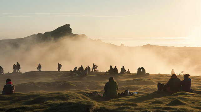 sunset rises, icelandic volcano, in the mist, the tourist crowd rejoiced at the brisk pace, some people sit on the grassy slopes and rest, authentic photography style , stock photographic style