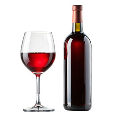 Red wine bottle and glass isolated on white background, perfect for showcasing a celebratory drink
