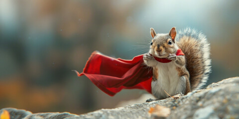 Squirrel with a red cape on a rock A gallant squirrel dons a flowing red cape, standing atop a rocky outcrop. - obrazy, fototapety, plakaty