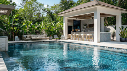A pool with a patio area and a covered patio