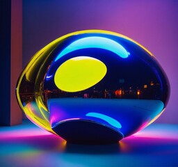 glassy and smooth surface, vivid tones of blue and yellow, surreal futuristic object, energy radiates and fluorescent blurry neon light, An enormous mass that defies perception. more simply shape - obrazy, fototapety, plakaty