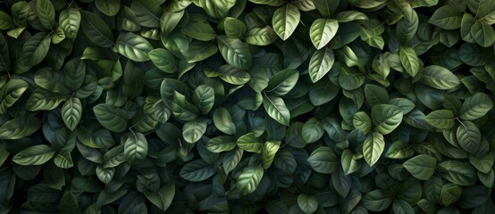 A wall of lush green plants and leaves against a dark background