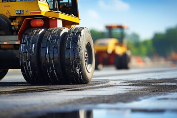 Truck on road construction site, close up view. Road repair