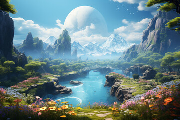 Fantasy landscape with river and mountains. 3d render illustration.
