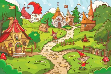 Cartoon cute doodles of a mischievous elf playing pranks on unsuspecting villagers in a quaint countryside, Generative AI - obrazy, fototapety, plakaty