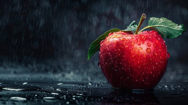 Red apple with leaf in rain