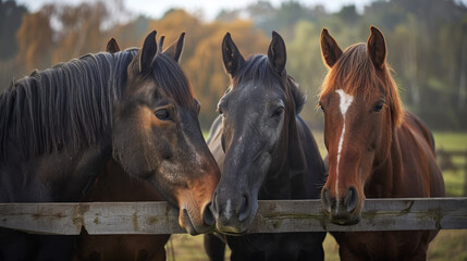 Three horses are standing next to a wooden fence