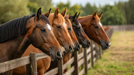 Five horses are standing next to a fence in a field