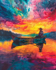 Man in a canoe admiring the orange and red sky afterglow on the lake at dusk - obrazy, fototapety, plakaty