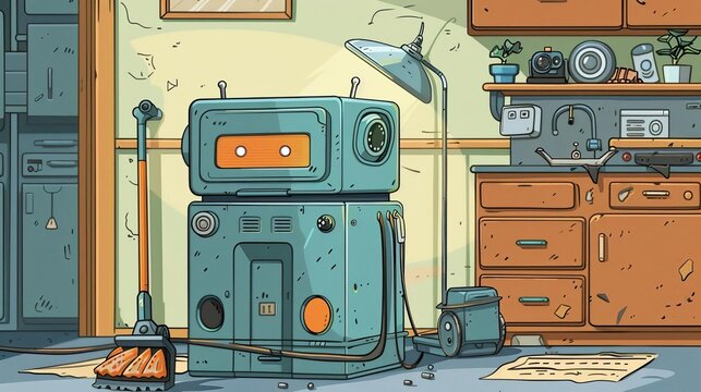 Cartoons or illustrations depicting cleaning robots with personalities and quirks