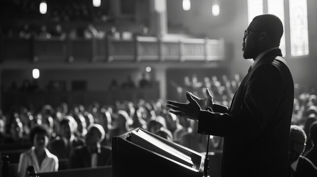 A black and white photo of a pastor standing at the pulpit delivering an impassioned sermon to a packed church. The intensity and emotion in the pastors face and hand gestures convey .