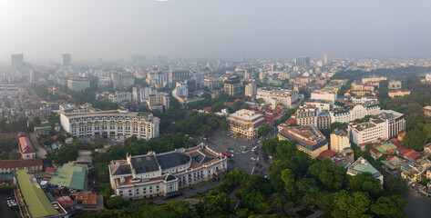 Aerial drone view of Hanoi old quarter with Hanoi Opera House in Hoan Kiem district.
