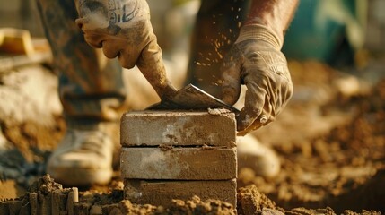Through the lens we see a closeup of a bricklayer holding a brick in one hand and a trowel in the other. The focus is on the intricate details of the foundation a testament to the .