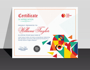 Art Deco Certificate, Diploma of completion, Colorful Certificate Creative Professional and Modern Looks With Dynamic Shape, Border Pattern and background money Pattern.