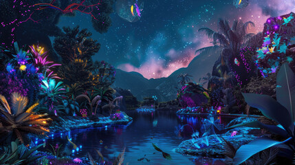 Obraz na płótnie Canvas surrealism collage, cut and paste style scene illuminated by the soft neon glow of an EDM jungle against the backdrop of a starry night