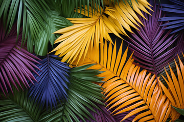 Vibrant tropical palm leaves in vivid green, yellow, and purple hues