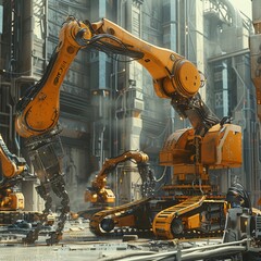 Futuristic construction site using robotic technology for precise assembly and building