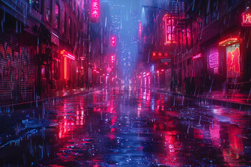 Digital rain cascading down a neon-lit alleyway, reflecting the urban landscape in a shimmering cascade of light and shadow.