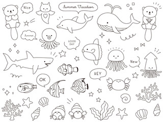 かわいい海の生き物のベクターイラストセット。海、水族館、線、線画