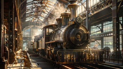 Obraz premium Retro steam train locomotive of the early 19th century, steam locomotive in 1802.