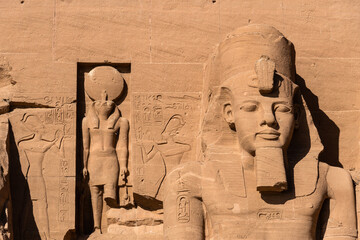 Abu Simbel, Egypt: Exterior view of the majestic statues of Ramses II that ornate the facade of the...