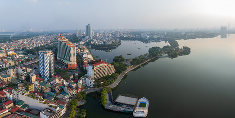 Aerial drone top view of Thanh Nien street with Tran Quoc temple