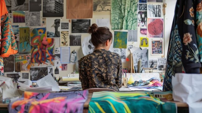Surrounded by walls covered in inspirational images the designer sits in their studio pondering over fabrics and patterns to create their next unique and avantgarde design. .